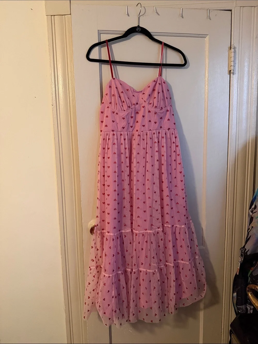 Pink Heart Print Tiered Spaghetti-StrapDress - Picture 1 of 3